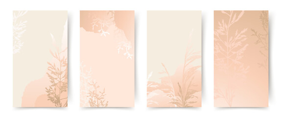 Beautiful universal backgrounds with floral element. Elegant pastel neutral templates. Vector illustration for card, banner, invitation, social media post, poster, mobile apps, advertising