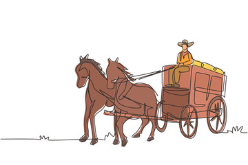 Wall Mural - Continuous one line drawing old wild west horse-drawn carriage with coach. Vintage Western Stagecoach with horses. Wild west covered wagons in desert. Single line design vector graphic illustration