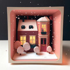 Poster - 3D Render Of Decorative Winter Diorama Square Frame With Residential Structure, Trees, Snow Falling.