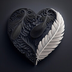 Wall Mural - Tribal Art, Heart Shape Frame With Ethnic Feathers In Dark Gray And White Color.