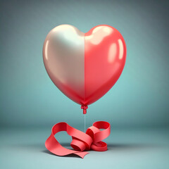 Sticker - 3D Render, Glossy Heart Shape Balloon With Red Silk Ribbon.