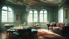 Abandoned And Dilapidated, The French-style Living Room Is A Melancholy Portrayal Of Neglect And Decay. Generative AI