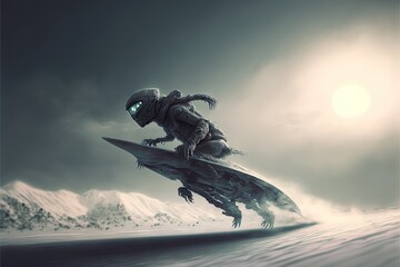 Wall Mural - Alien snowboarding on planet earth mountains generative ai