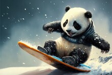 A Little Brave Panda Is Riding A Snowboard. Illustration Generative Ai