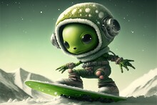 Cute Green Alien Snowboarding Illustration Generative Ai