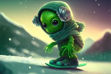 Wall Mural - Cute green alien snowboarding illustration generative ai