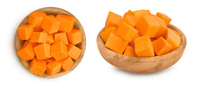Butternut Squash Slice In Wooden Bowl Isolated On White Background With Full Depth Of Field. Top View. Flat Lay