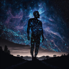 Wall Mural - silhouette of a person standing in front of night sky with galaxy. designed using generative ai.