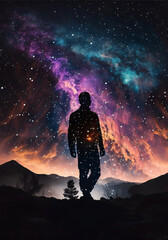 Wall Mural - silhouette of a person standing in front of night sky with galaxy. designed using generative ai.
