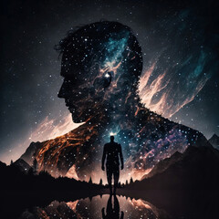 Wall Mural - silhouette of a person standing in front of night sky with galaxy. designed using generative ai.