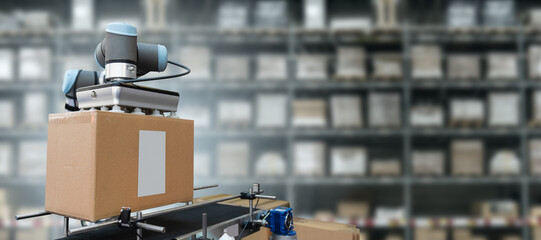 Poster - Robot arm moves boxes in an automatic warehouse. Concept	
