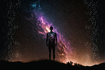 Wall Mural - silhouette of a person standing in front of night sky with galaxy. designed using generative ai.