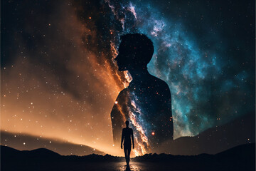 Wall Mural - silhouette of a person standing in front of night sky with galaxy. designed using generative ai.