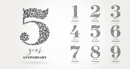 A set of logo designs from 1 to 9 years old. Number consists of a leaf pattern, no gradient fill. Anniversary logo design for holiday event, invitation, greeting, party, fashion, entertainment