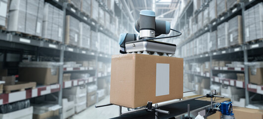 Aufkleber - Robot arm moves boxes in an automatic warehouse. Concept	
