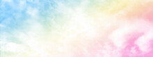 Pastel Rainbow Gradation On Soft Sky And Cloud Background. A Pink And Blue Light Effect Has Been Applied To Enhance The Beauty And Make It More Interesting.