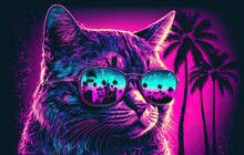 Retro Wave Synth Vaporwave Portrait Of A Cat In Sunglasses With Palm Trees Reflection. 80s Sci-fi Futuristic Fashion Poster Style Violet Neon Aesthetics. Generative AI