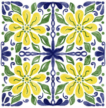 Italian Majolica, Watercolor Illustration Italian Majolica Decoration On Ceramic Tiles, In Blue, Green And Yellow Colors.