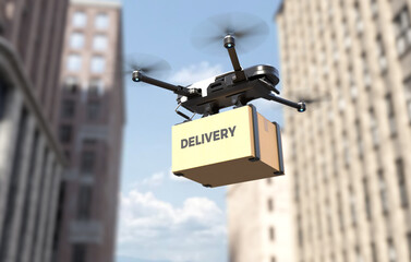 Wall Mural - Drone delivering goods in the city, Autonomous delivery robot, Business air transportation concept