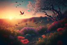 Spring Landscape With Birds, Butterflies, And Colorful Flowers At Sunrise Sunset Generative AI 