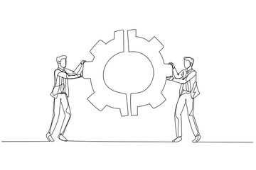 Illustration of businessman with team colleagues connecting cogwheel gear together concept of integration partnership. Single line art style