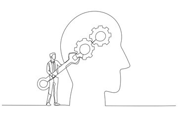 Cartoon of businessman with using wrench fixing gear cogwheels metaphor for change mindset attitude. One line art style