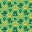 © Revolutionizzed - cute lucky Saint St Patrick day seamless pattern in green shamrocks clovers four leaf clovers. Green hats, horseshoes.