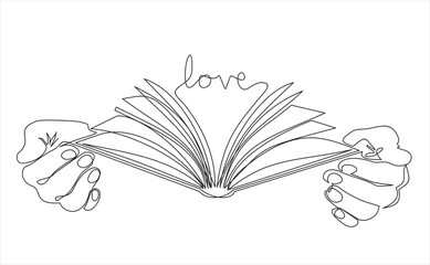 Poster - Continuous one line drawing of a hands holding open book flying pages with inscription