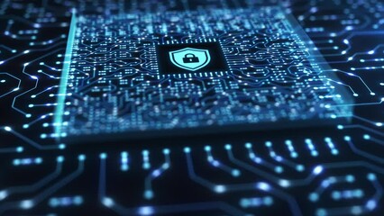 Cyber security and protection of private information and data concept. Locks on blue integrated circuit. Firewall from hacker attack