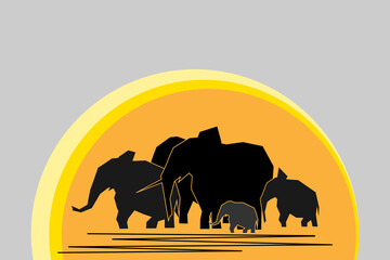 Herd of black abstract silhouettes of elephants in the background of big orange sun isolated on grey background. Wildlife protection concept. Cartoon vector illustration.