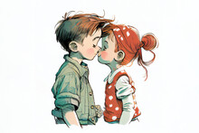 Cute Young Boy And Girl Cartoon Of A Couple Kissing Which Could Be Useful For A Boyfriend Or Girlfriend Romantic Valentine's Day Greeting Card Or Graphic, Computer Generative AI Stock Illustration