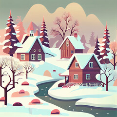 Winter landscape. The village in the forest in Flat design. AI generated