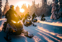 Early Morning Group Snowmobile Tour Through The Forest, Generative AI