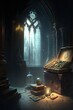 © Erelis Emporium - Treasure chest in the gothic castle, near window. Fantasy interior scene. Generative ai.