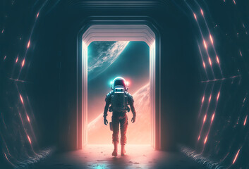 Wall Mural - an astronaut space explorer walking through a tunnel towards outer space. generative ai