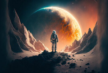 Wall Mural - an astronaut standing on the moon looking at a large earth like planet. generative ai