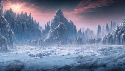 Wall Mural - futuristic city scene covered in snow and ice