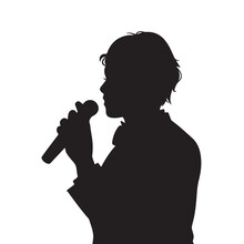 MC Master Of Ceremony, Announcer, Or Singer Person Character With Holding Mic Pose Gesture. Black Vector Illustration Silhouette Isolated On White Background. Simple Human Drawing Holding Microphone