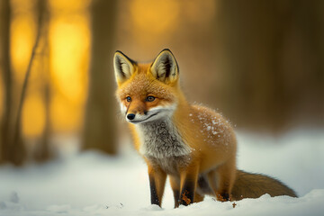 Wall Mural - cute red fox cub in winter forest. making eye contact. snowy landscape. digital art