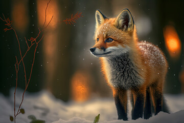 Wall Mural - cute red fox cub in winter forest. making eye contact. snowy landscape. digital art