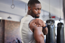 Exercise, Black Man And Shoulder Pain For Training, Fitness And Workout For Wellness In Gym. Nigerian Male, Athlete And Body Care With Pain, Tired And Injury For Ache, Strong And Orthopedic Problem