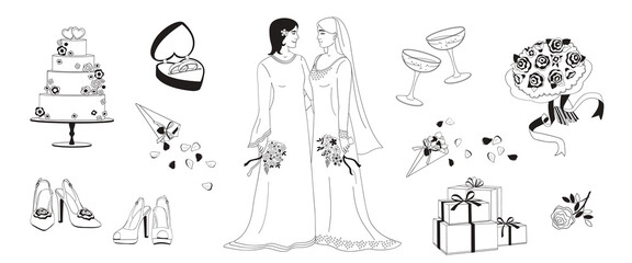 Lesbian Marriage ceremony, LGBT wedding concept Two women holding hands Cake, bridal rings, wedding gifts, glasses of champagne, linear black and white vector illustration with colour shapes 