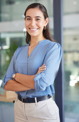 Canvas Print - Pride, happy and woman lawyer portrait in office with optimistic smile for professional legal career. Confident expert and attorney employee at corporate workplace smiling with positive mindset.