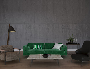 Green sofa and two armchair in a room, 3d