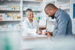 © C Daniels/peopleimages.com - Medicine, shopping or pharmacist with customer writing personal or medical information in pharmacy. Consulting, pills or happy senior doctor helping or speaking to black man or sick African customer