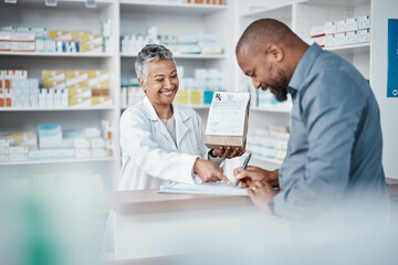 Poster - Medicine, shopping or pharmacist with customer writing personal or medical information in pharmacy. Consulting, pills or happy senior doctor helping or speaking to black man or sick African customer