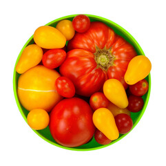 Wall Mural - Different Kinds of Organic Tomatoes in a Bowl isolated on white background