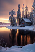Sunset During Winter In Finland. A Mountain Cabin Is Reflected In The Clear Waters Of A Lake. Landscape With Snowy Forest, Pristine Nature.