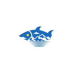 Sticker - Fish combination with mountain landscape. Logo design.