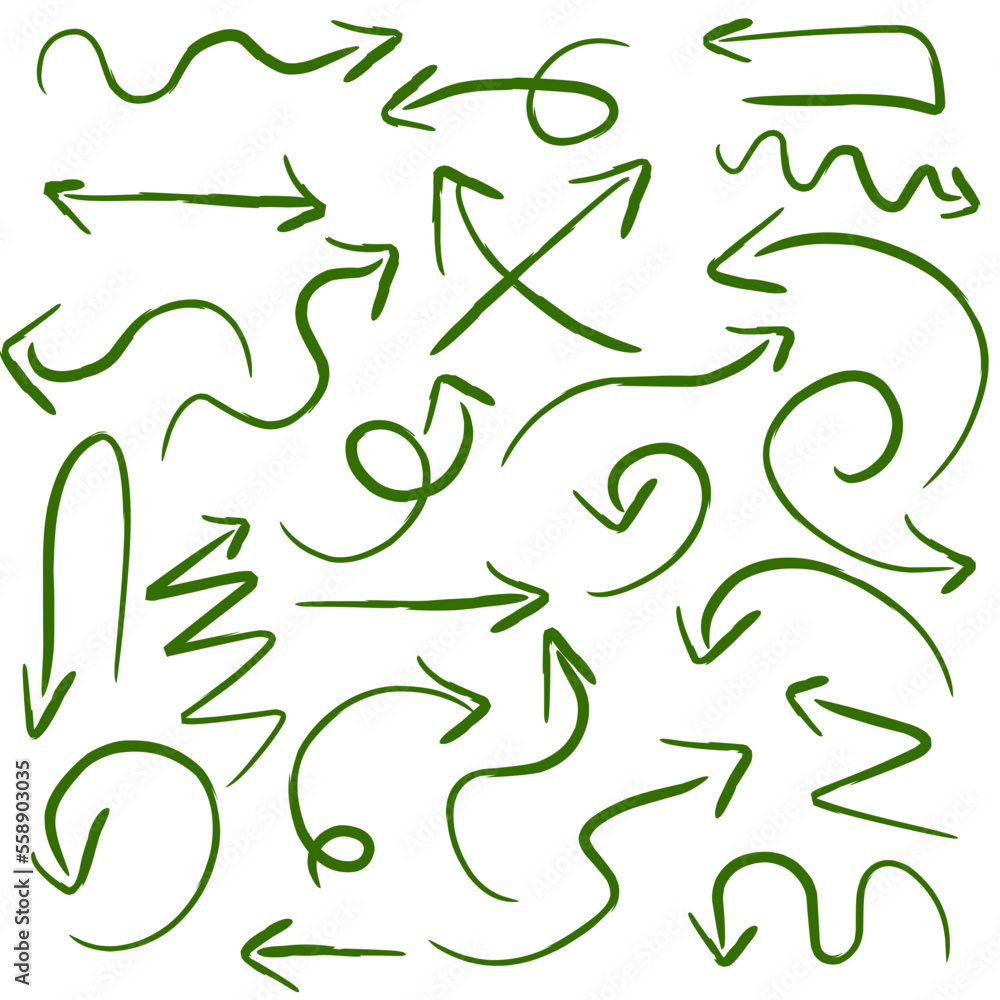 Hand drawn arrows set, green direction pencil sketch symbols collection, vector illustration graphic design elements